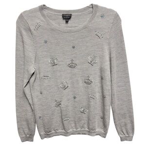 Talbots Pure Merino Wool Knit Beaded Jewels Crown Tiara Princess Sweater